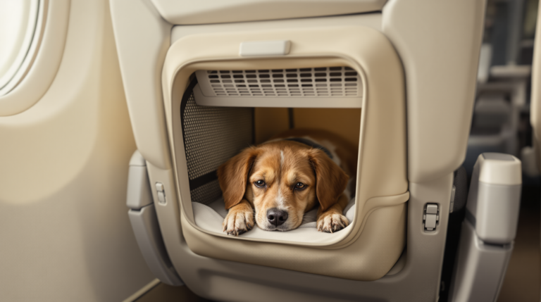 Soft sided airline approved pet carrier stowed under an aircraft seat