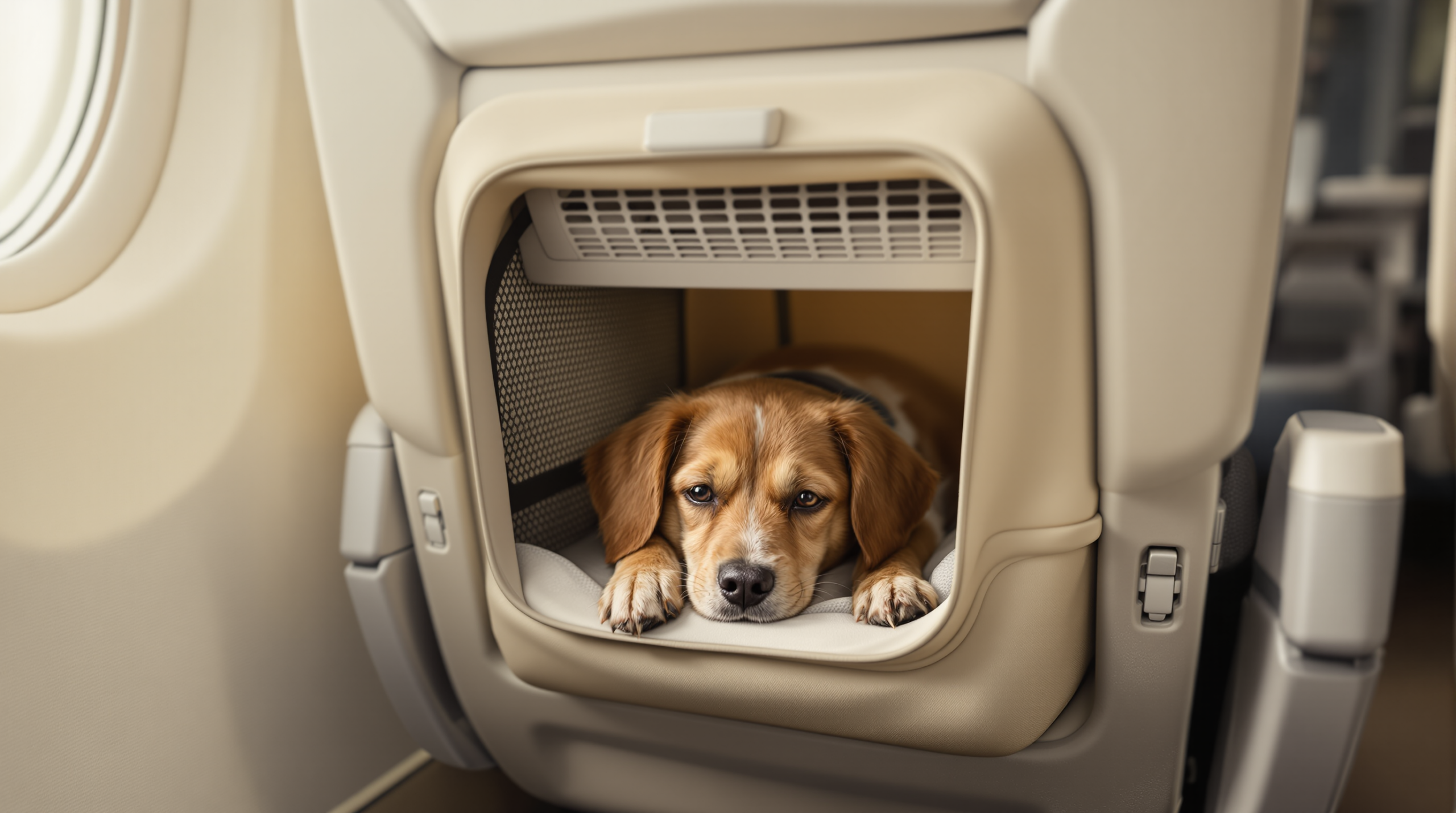 Soft sided airline approved pet carrier stowed under an aircraft seat