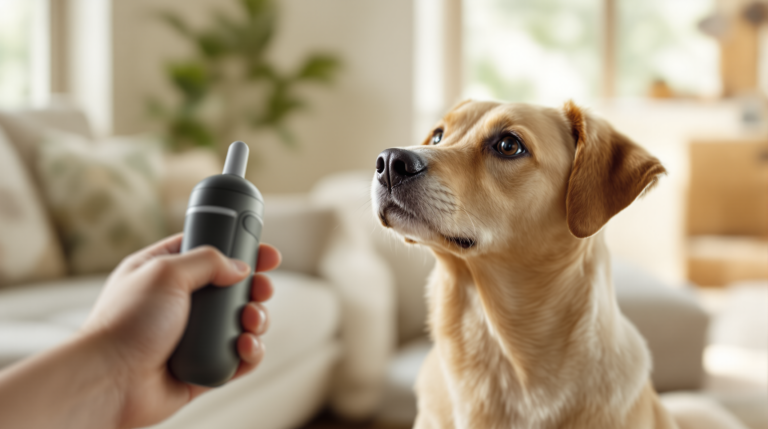 Handheld ultrasonic anti barking device held as a dog looks toward it