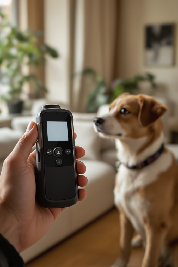 Anti Barking Device: What Ultrasonic Units Do and What They Cannot Fix 3 Handheld ultrasonic training device held in a hand in the foreground with an attentive dog looking toward it from a few - anti barking device