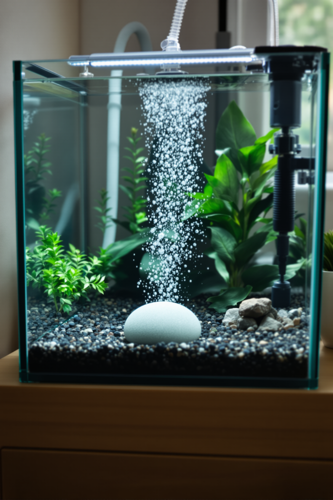 Aquarium Air Pump: When You Need One and How to Make It Silent 3 Inside a planted glass aquarium: a round grey airstone resting on the gravel releasing a fine column of tiny bubbles to the - aquarium air pump