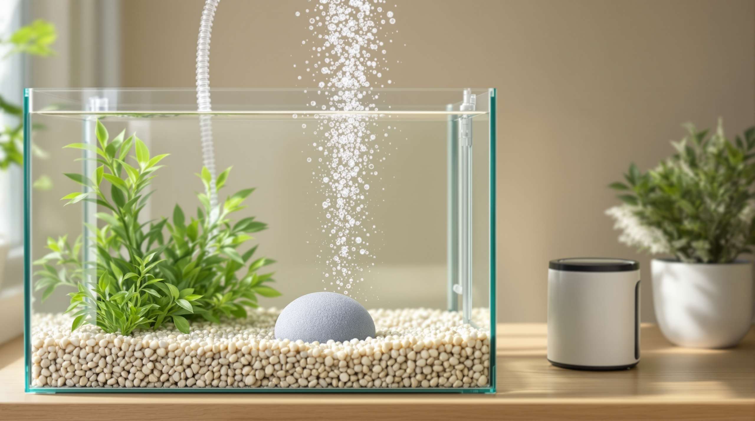 Column of bubbles rising from an airstone powered by an aquarium air pump