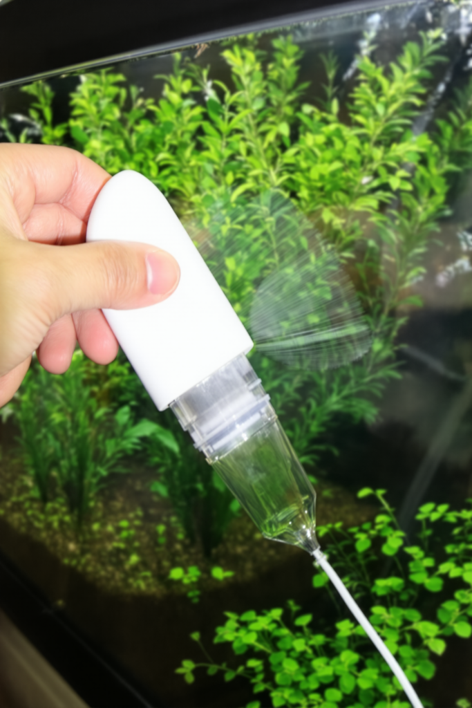 Magnetic aquarium algae scraper cleaning green algae off the front glass of a planted tank