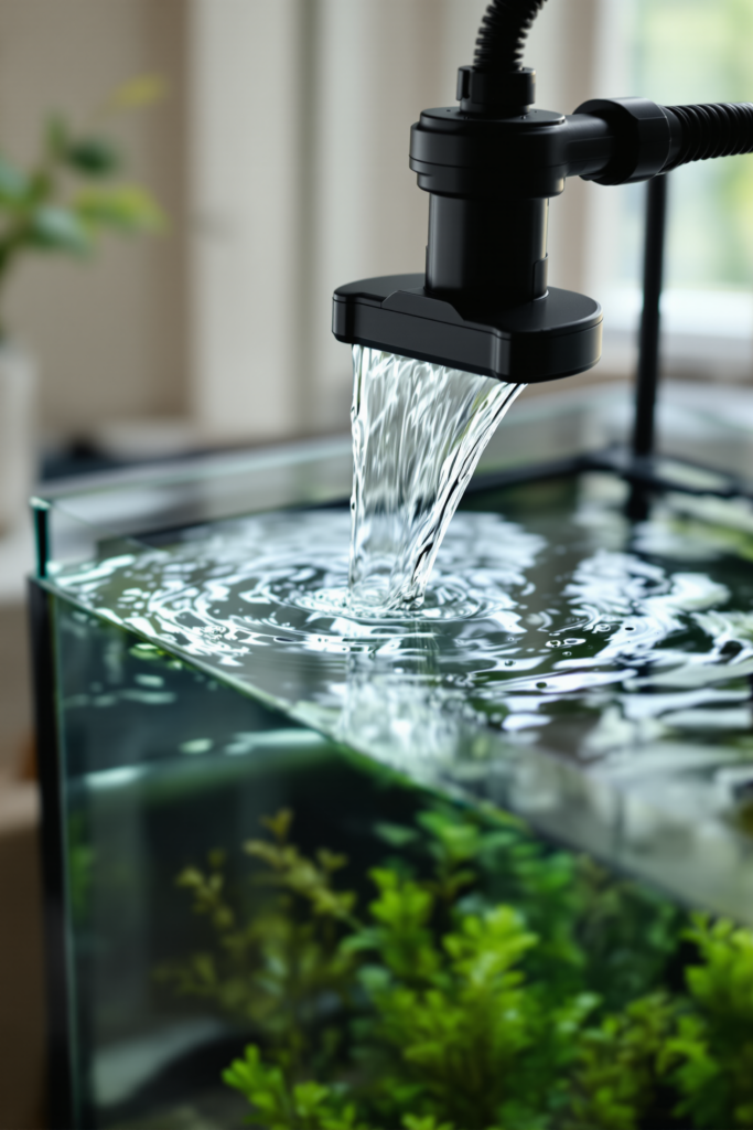 Close-up of a black hang-on-back power filter hooked over the rim of a glass aquarium - aquarium filter