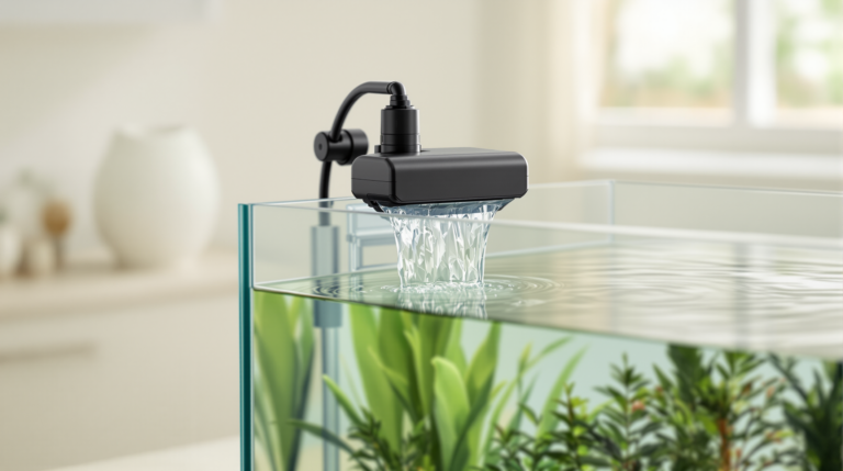 Hang-on-back aquarium filter returning clear water in a waterfall outflow