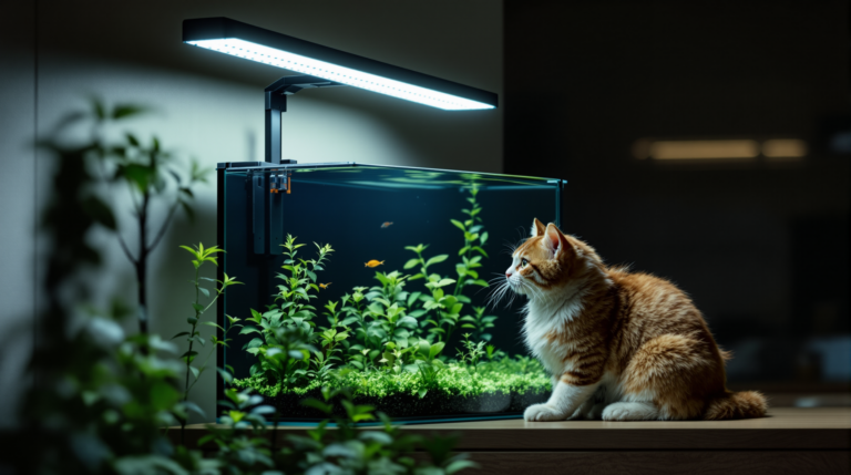 Slim aquarium LED light bar casting even light over a planted tank at night