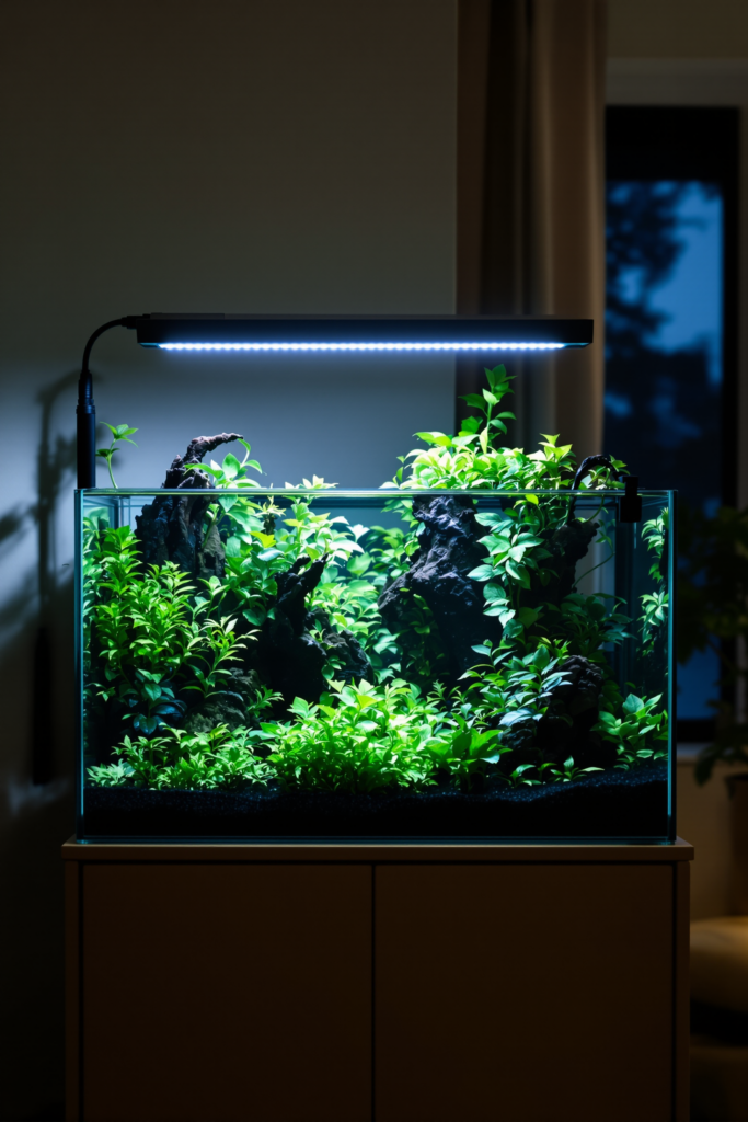 Slim LED light bar mounted above a densely planted aquarium casting even light down through the water column - aquarium led light