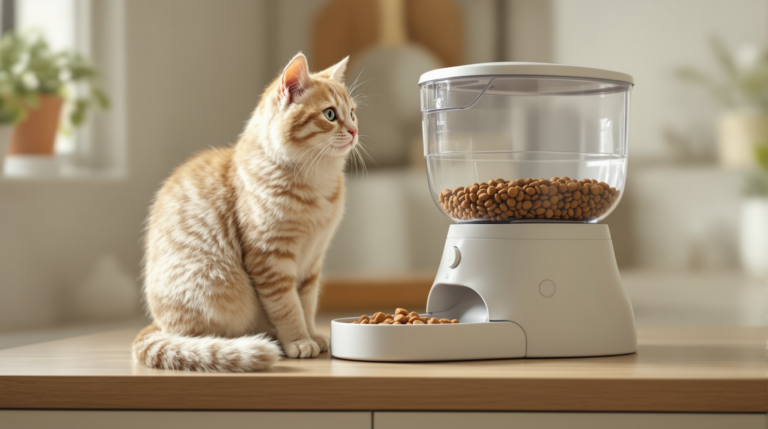 Cat waiting beside an automatic cat feeder as a portion dispenses