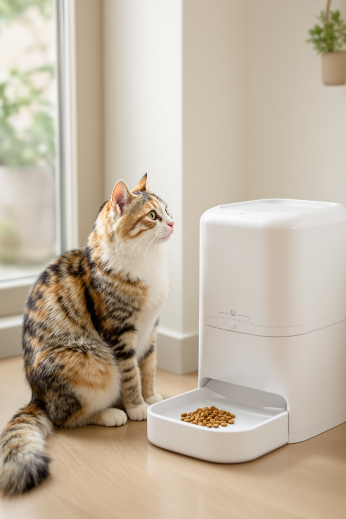 Automatic Cat Feeders: Timed vs Gravity and What Goes Wrong 3 Cat sitting beside a white automatic cat feeder with a clear hopper of dry food