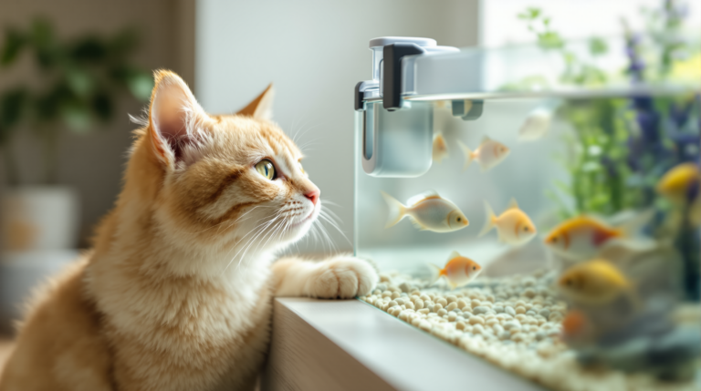 Automatic fish feeder on an aquarium rim dispensing pellets as fish rise