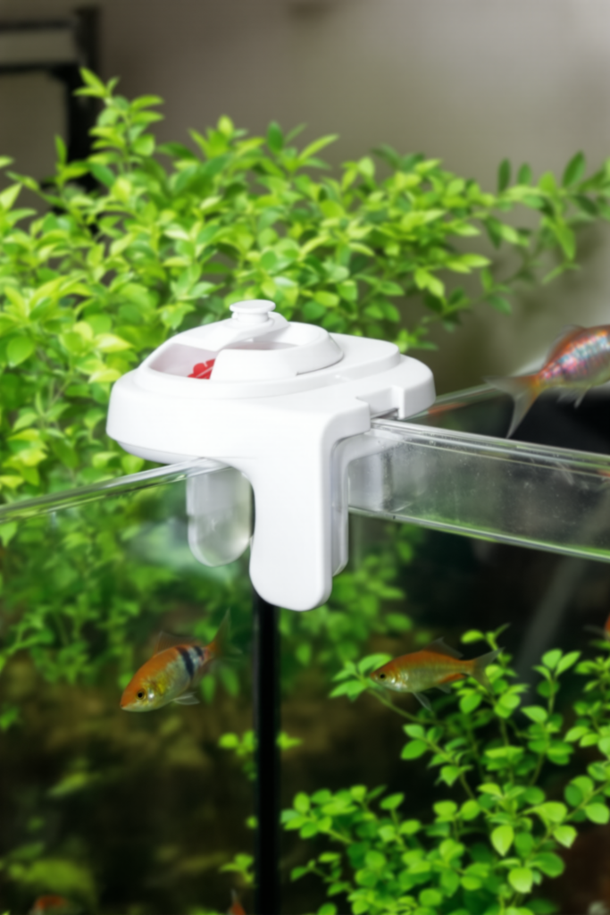 Automatic fish feeder clipped to the rim of a planted home aquarium