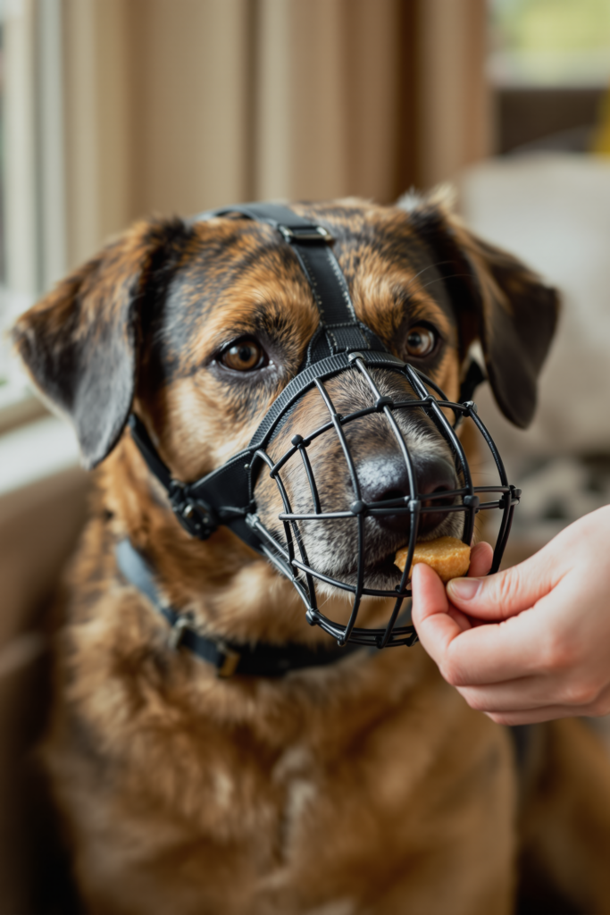 Basket Muzzle: Conditioning It Properly Over Two Weeks 3 Calm dog wearing a black rubber basket muzzle: a cage-like dog muzzle made of open grid bars fitted over the snout