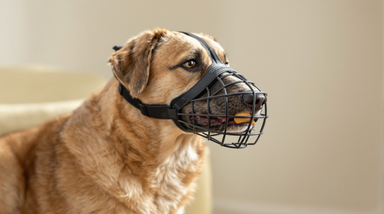 Calm dog wearing a rubber basket muzzle taking a treat through the gaps