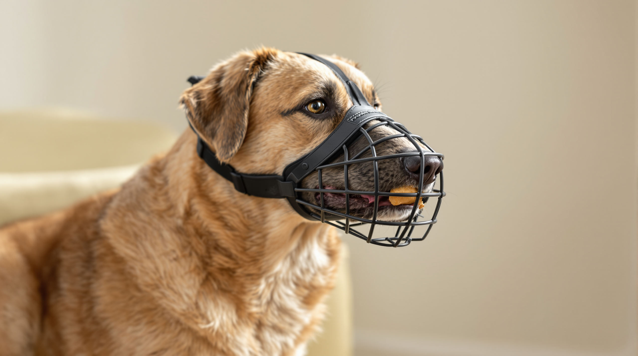 Basket Muzzle: Conditioning It Properly Over Two Weeks 1 Calm dog wearing a rubber basket muzzle taking a treat through the gaps