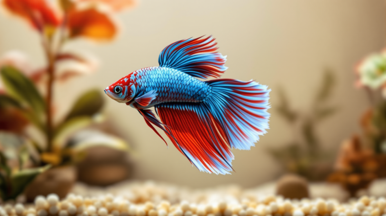 Blue and red betta hovering in a planted heated betta fish tank