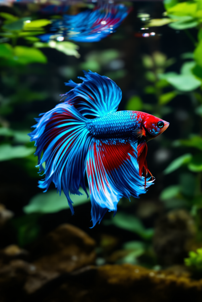 Betta Fish Tank: Size, Heat and Flow — Why the Bowl Is the Problem 3 Vivid blue-red betta with flowing fins hovering mid-water in a planted heated aquarium, broad-leafed plants near the surface - betta fish tank