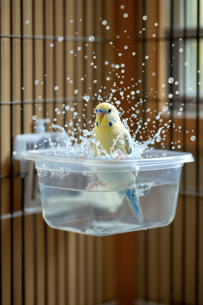 Bird Bath for Cage: Why Bathing Matters More Than Owners Expect 3 Budgie splashing enthusiastically in a clear enclosed bath box mounted on the cage door, water droplets flying - bird bath for cage