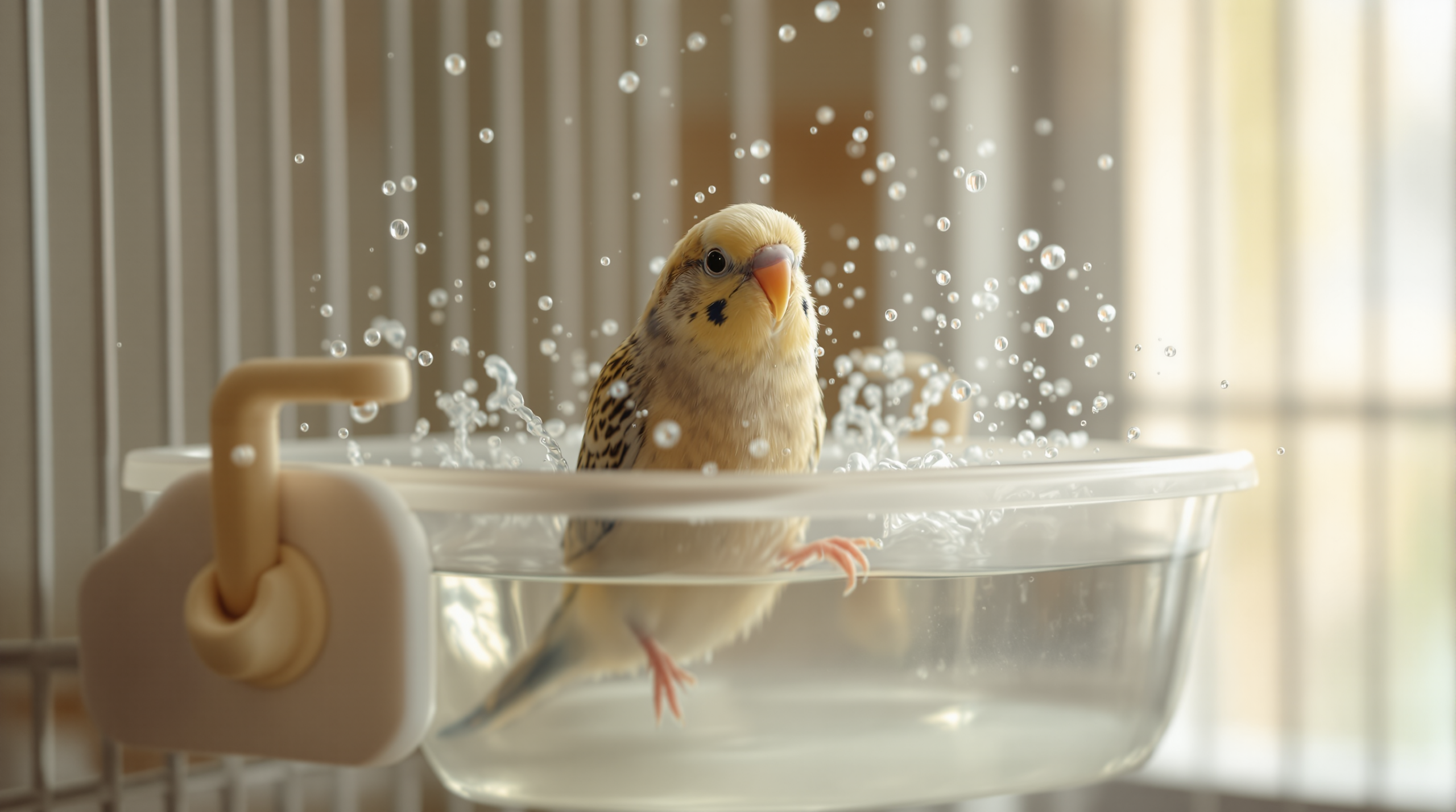 Bird Bath for Cage: Why Bathing Matters More Than Owners Expect 1 Budgie splashing in a clear enclosed bird bath for cage mounted on the door