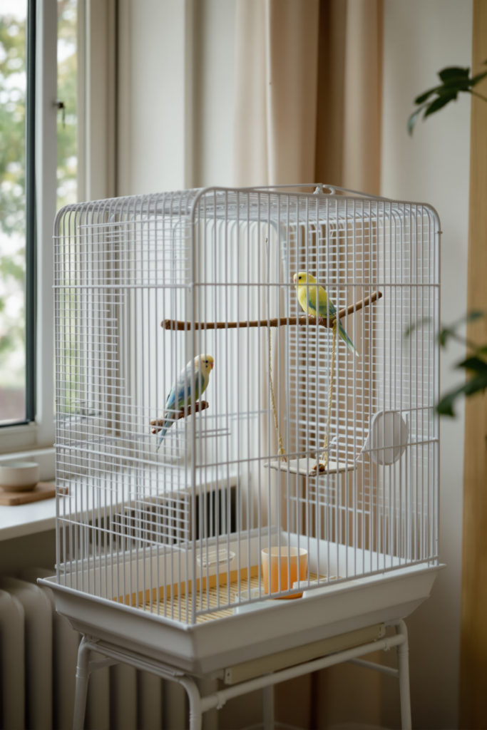 A spacious white wire bird cage beside a window with two budgies on natural branch perches