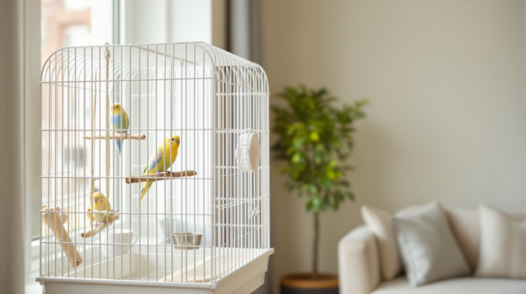 Two budgies perched on natural wood perches inside a wide bird cage