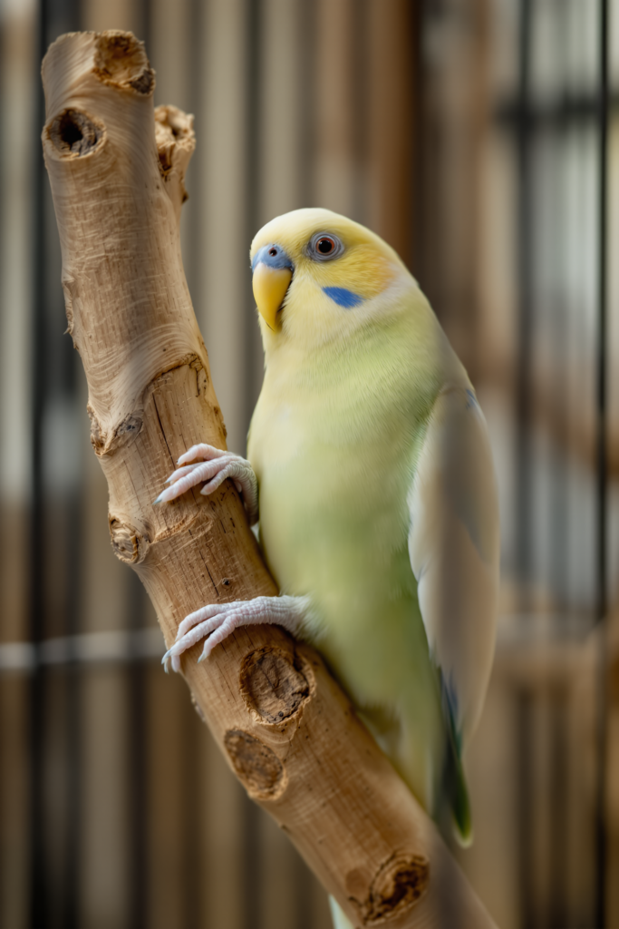 Close-up of a parakeet gripping a natural apple-wood branch perch of irregular diameter, toes wrapping around the bark - bird perch