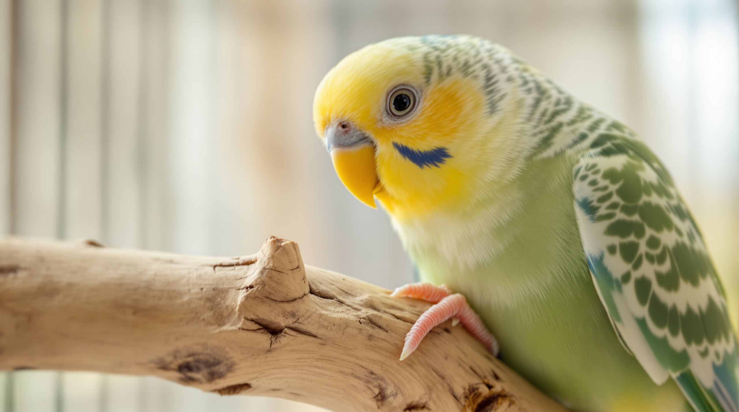 Parakeet gripping a natural apple wood bird perch of irregular diameter