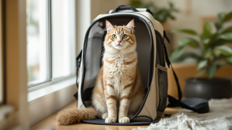 Calm cat sitting upright in a ventilated mesh cat backpack carrier