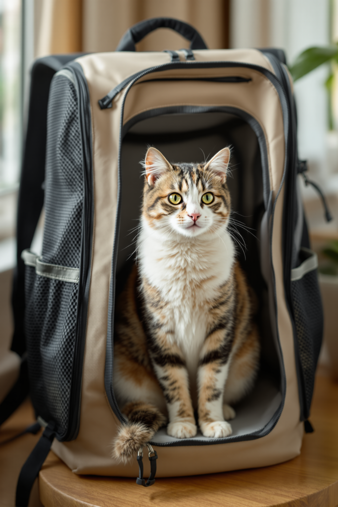 Cat Backpack Carrier: Why Cats Need Different Rules to Dogs 3 Calm cat sitting upright inside a ventilated mesh-sided backpack carrier with a firm flat base, mesh panels on two sides - cat backpack carrier