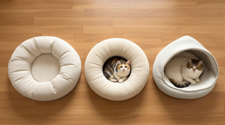 Three cat bed styles side by side with a cat settled in the enclosed hooded bed