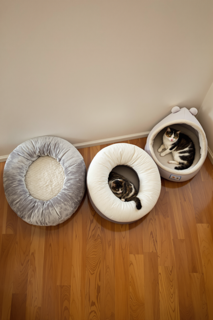 Three distinct cat bed styles arranged in a row on a wooden floor — an open round cushion, a raised-rim donut