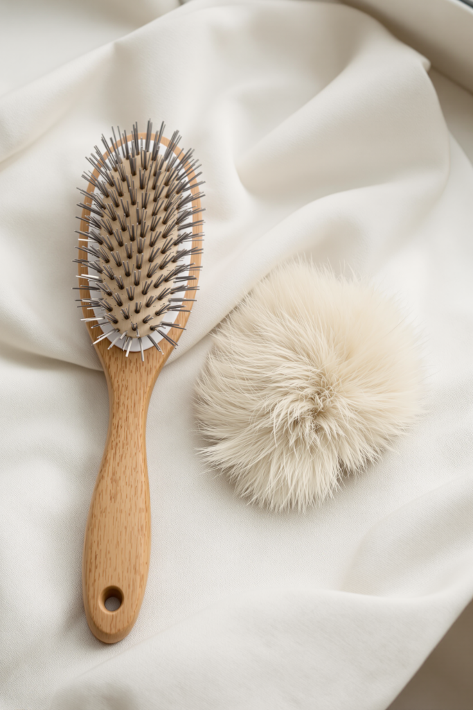 Cat Brush for Shedding: How to Cut Loose Hair and Hairballs at Home 3 Wooden-handled cat brush for shedding with fine metal bristles beside a tuft of cream cat fur