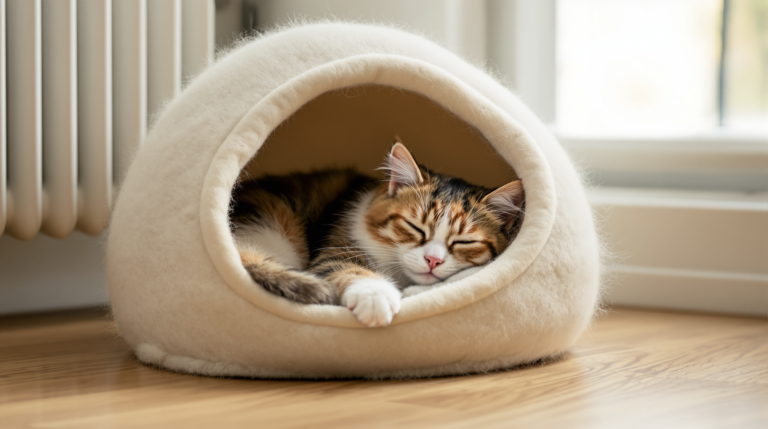 Cat curled inside a felted wool cat cave bed with only its face visible