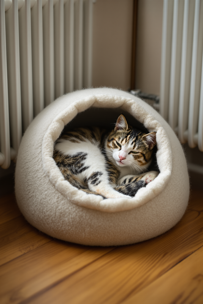 Cat Cave Beds: Which Cats Want One and What Size to Buy 3 Cat curled deep inside a felted wool enclosed cave bed, only its face and one paw visible at the opening, eyes half closed - cat cave bed
