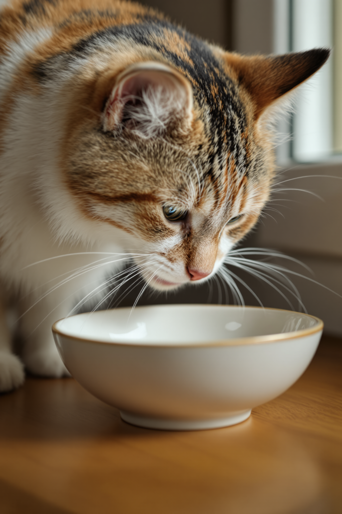 Cat eating from a wide shallow ceramic bowl, whiskers spread clear of both rims with visible space either side - cat food bowl