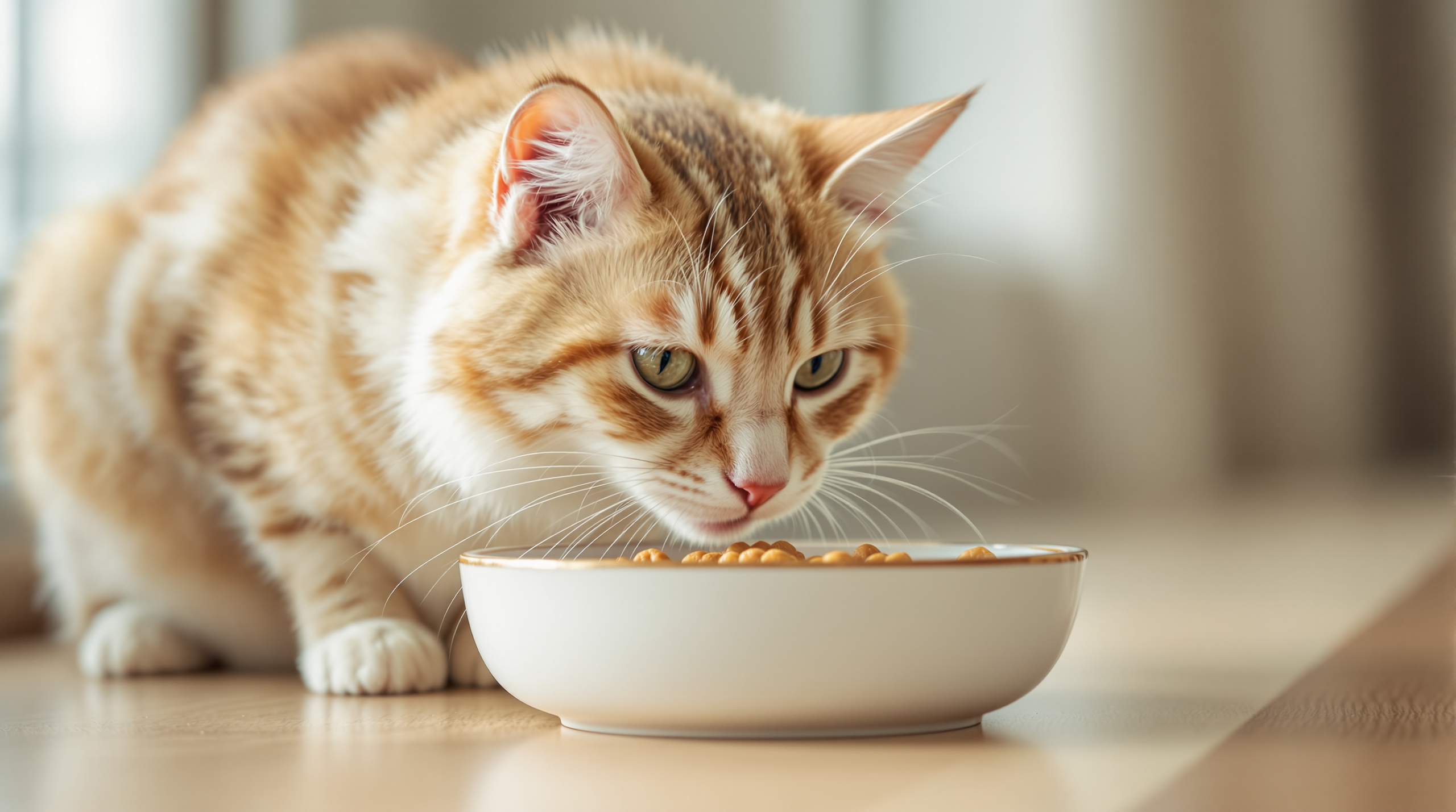 Cat eating from a wide shallow cat food bowl with whiskers clear of the rim