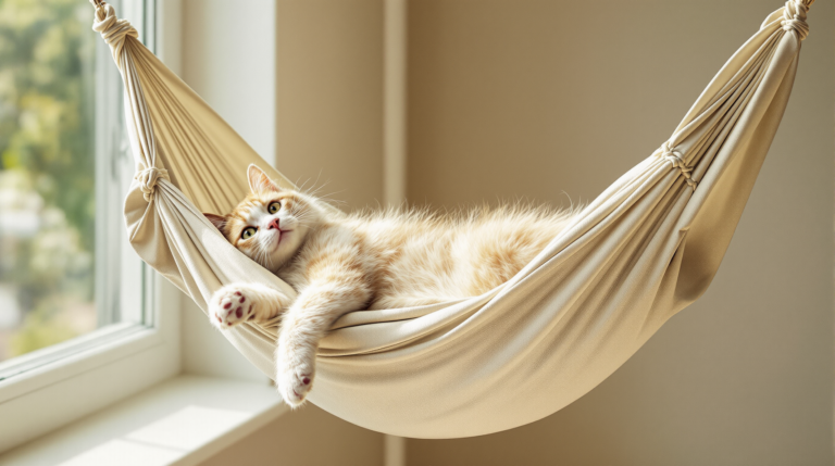 Cat relaxing in a suspended fabric cat hammock in a sunlit room