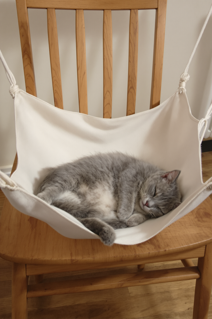 Cat Hammocks: Window, Hanging, or Built Into a Cat Tree 3 Grey cat asleep in a canvas cat hammock fitted under a wooden chair
