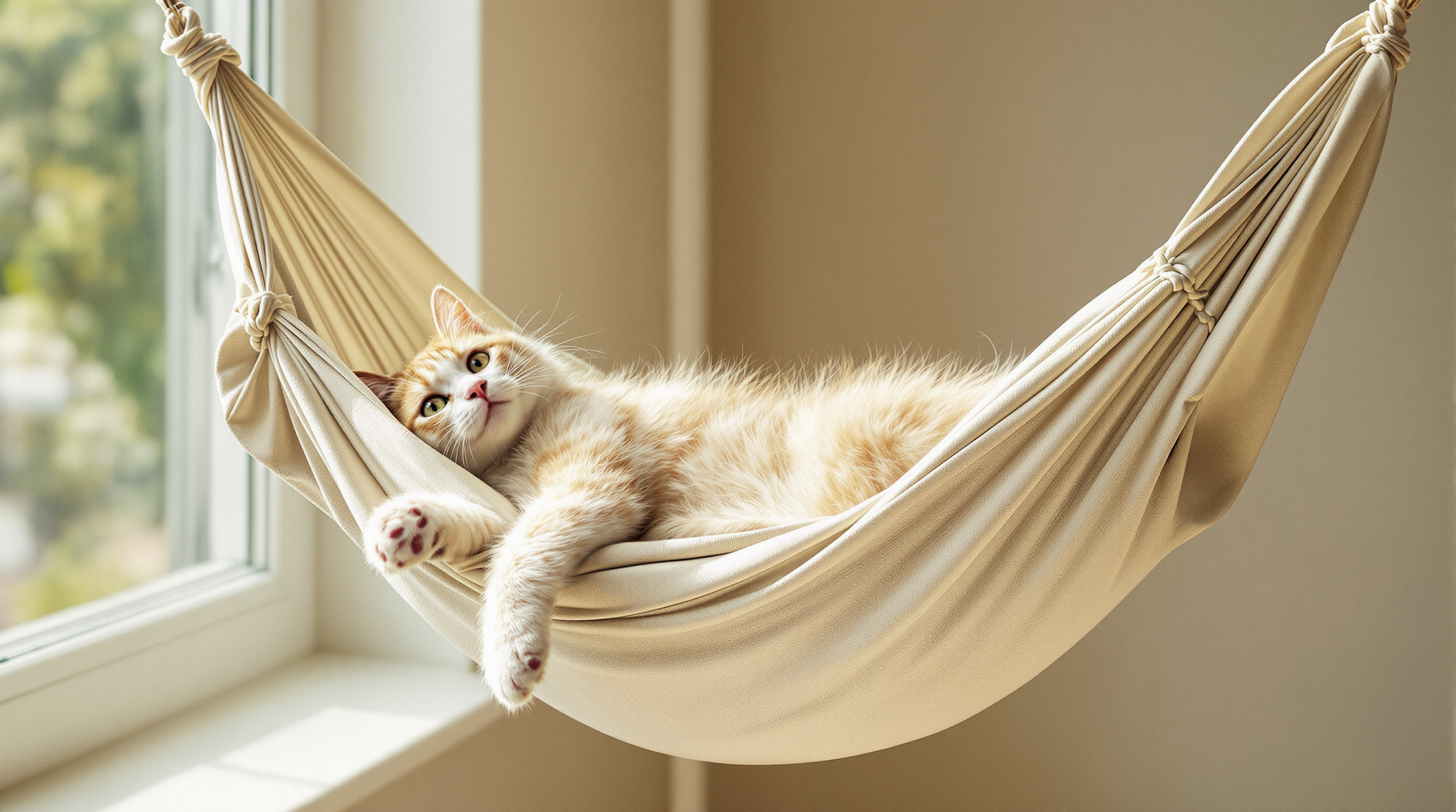 Cat Hammocks: Window, Hanging, or Built Into a Cat Tree 1 Cat relaxing in a suspended fabric cat hammock in a sunlit room