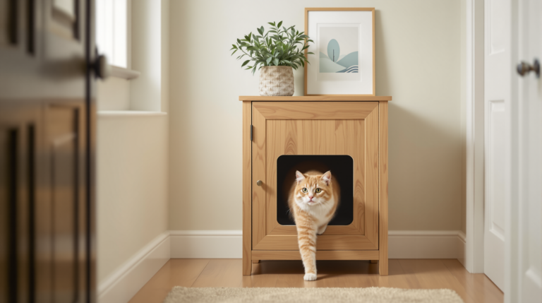 Cat exiting a wooden cabinet style cat litter box furniture unit in a hallway