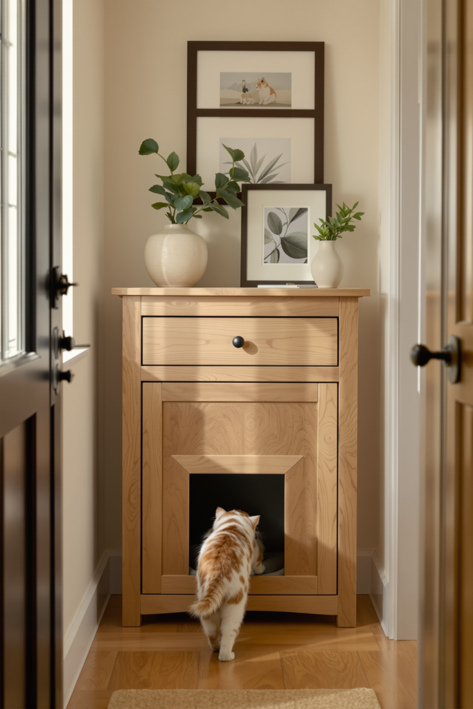 Cat Litter Box Furniture: Enclosures That Cats Actually Use 3 Wooden cabinet-style litter box enclosure that reads as ordinary furniture in a hallway - cat litter box furniture