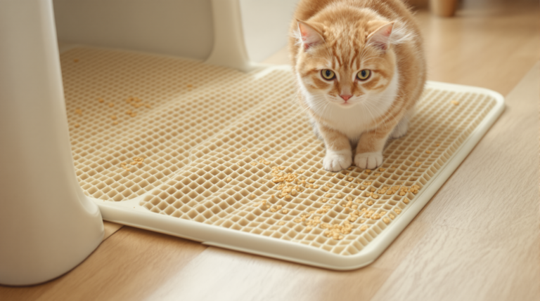 Honeycomb cat litter mat catching scattered granules at a litter box exit