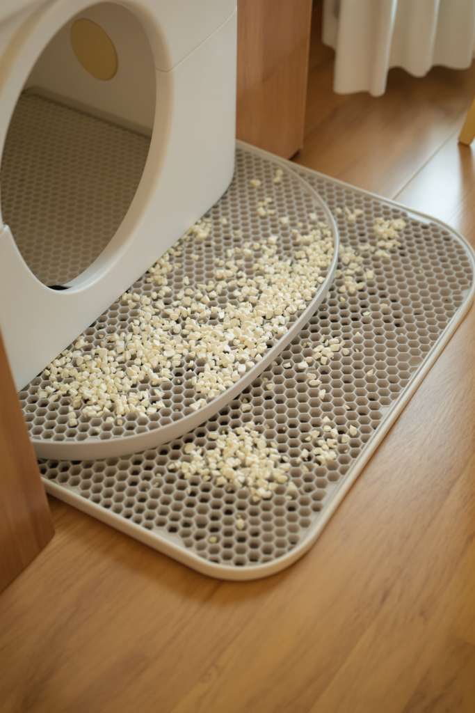 Cat Litter Mat: Which Surfaces Actually Trap Litter and Which Just Move It 3 Double-layer honeycomb litter mat at the exit of a litter box with scattered litter granules caught in the top holes - cat litter mat