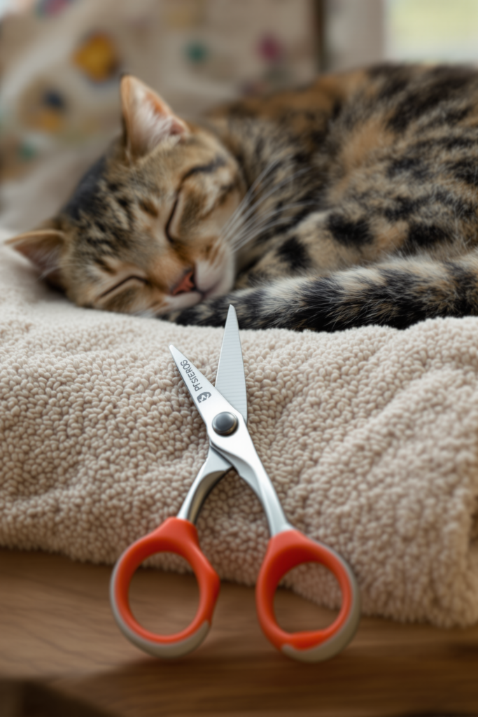 Small pair of pet nail scissors with red rubber finger loops resting on a soft folded oatmeal towel - cat nail clippers