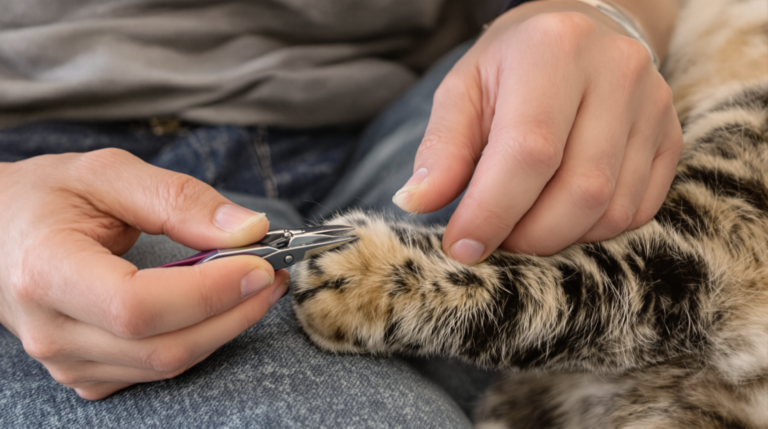 Owner trimming a calm tabby cat's nail tip with scissor-style cat nail clippers