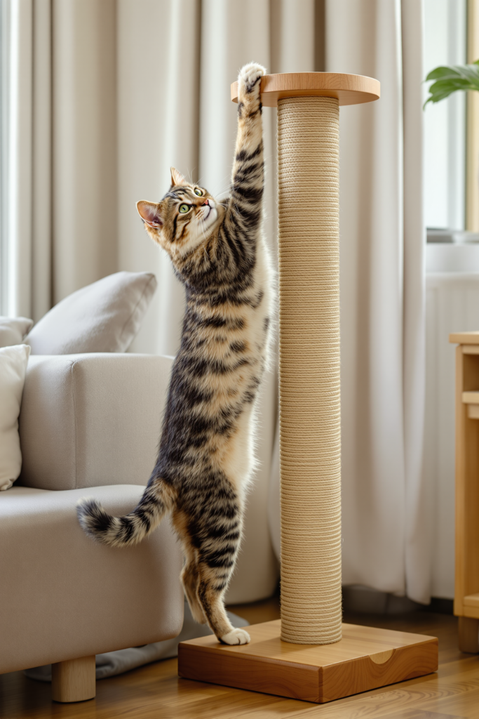 A brown tabby cat stretching with both front paws high on a tall sisal scratching post