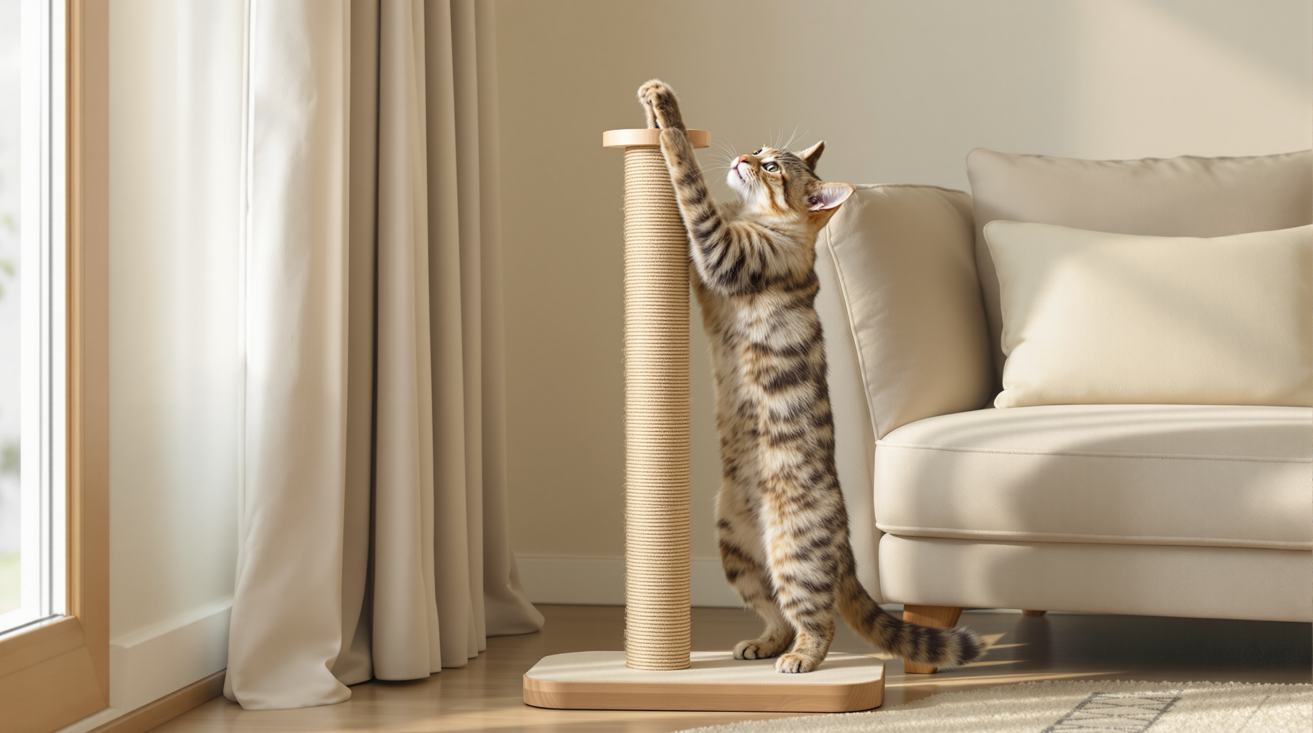 Tabby cat stretching full length against a tall sisal cat scratching post beside a sofa