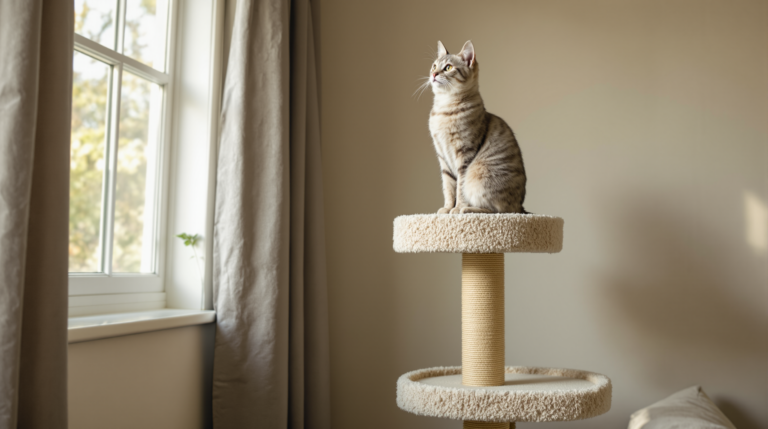 Silver tabby sitting on the top platform of a tall cat tower in a living room corner