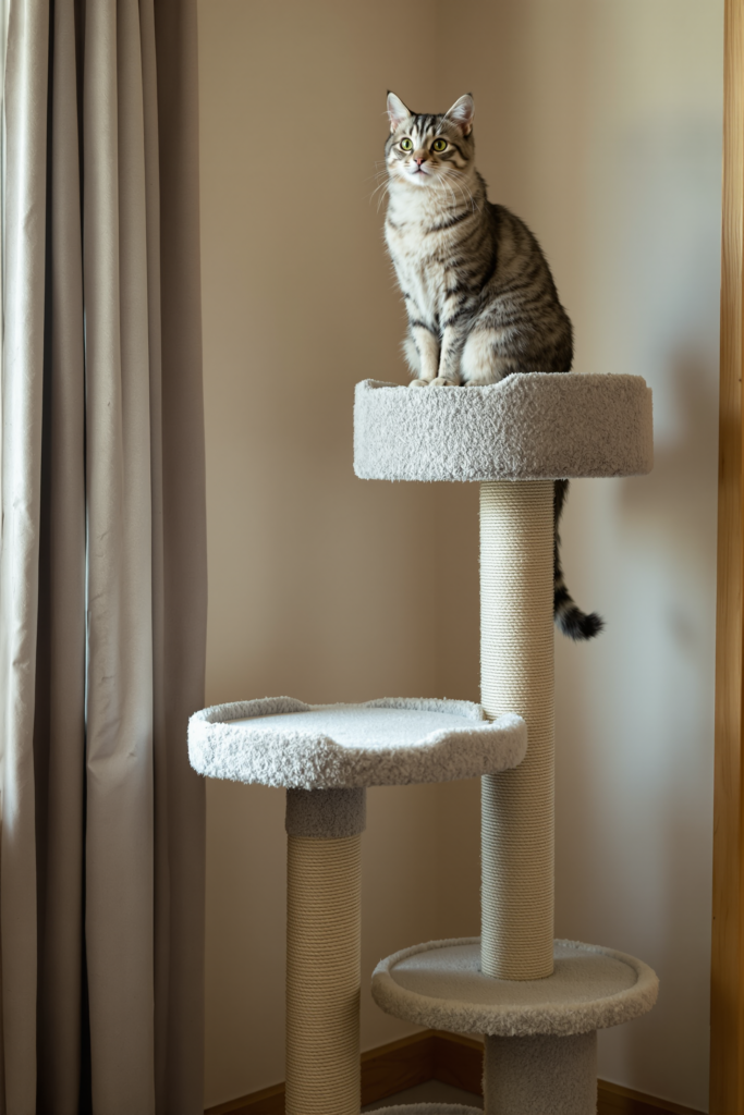 Silver tabby sitting upright on the topmost platform of a tall multi-level carpeted cat tower, surveying the room from height