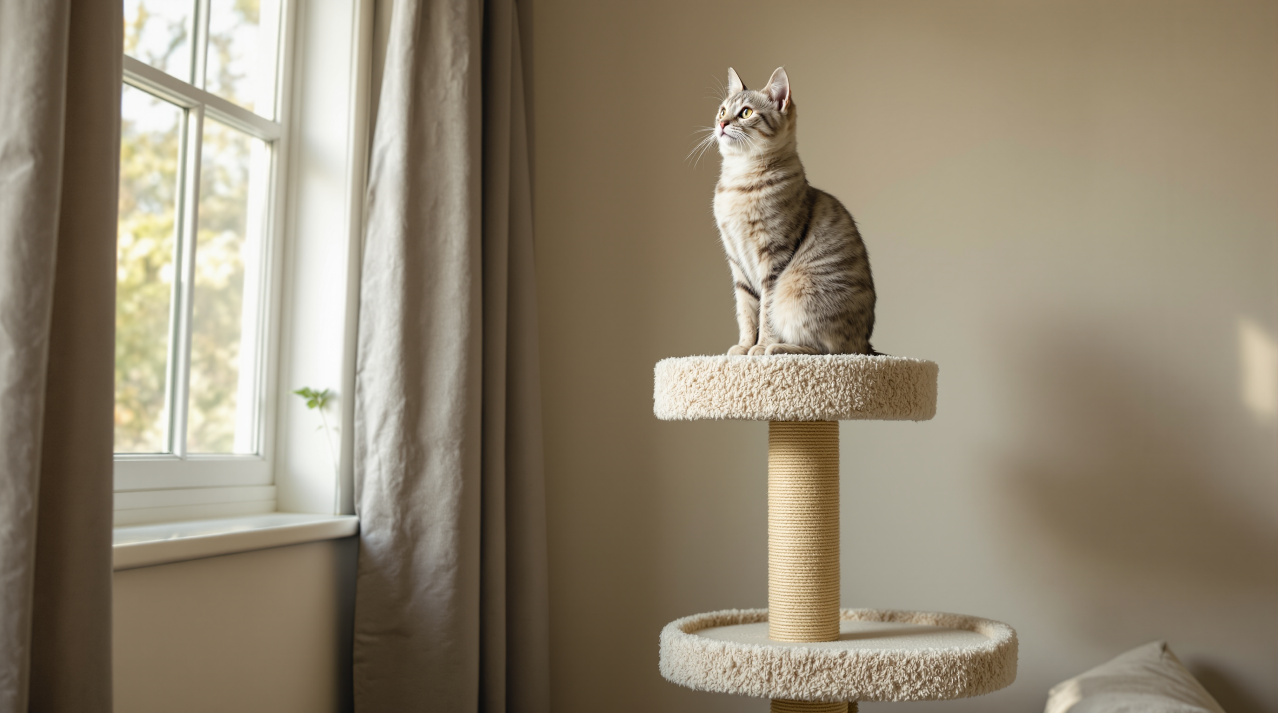 Silver tabby sitting on the top platform of a tall cat tower in a living room corner