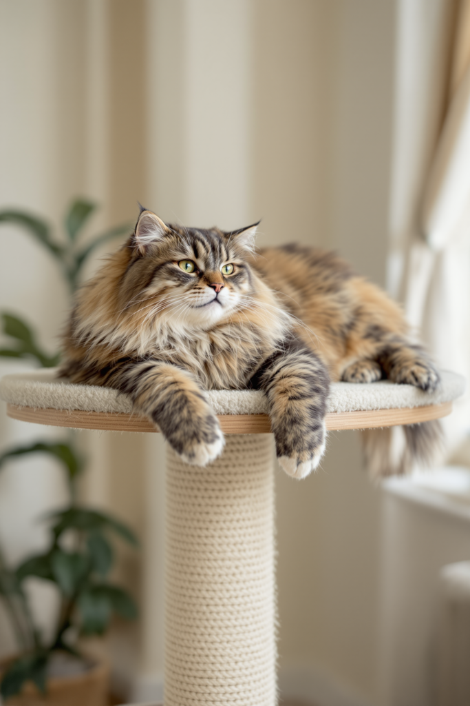 Cat Trees for Large Cats: What Actually Holds a Maine Coon 3 Large Maine Coon cat lying relaxed on the wide top platform of a sturdy oak and sisal cat tree - cat tree for large cats